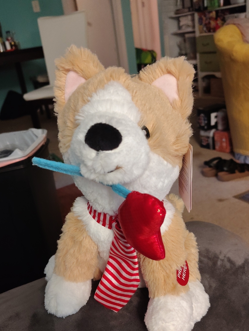 Plush Dog Toy with Red Heart and Striped Tie - Tan & White